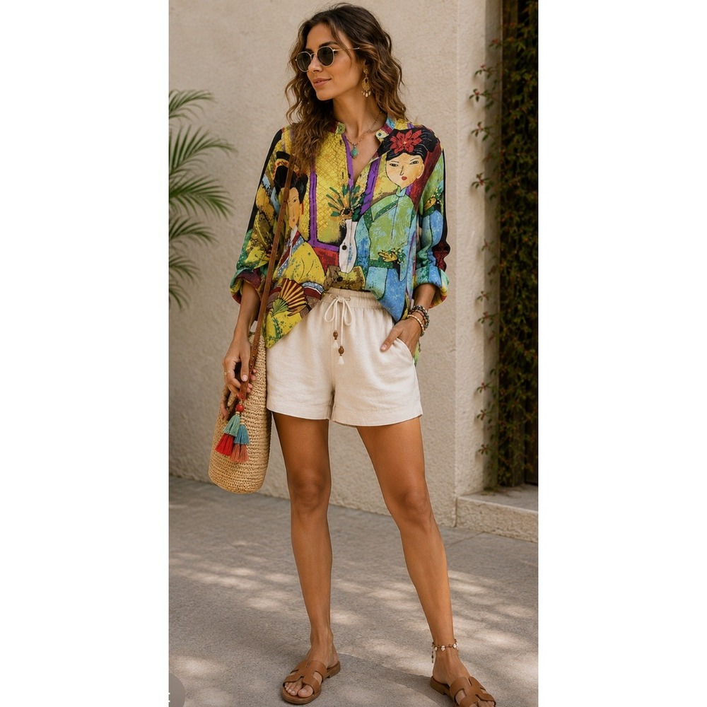 Chicos Vintage 100%Silk Geisha Art Print Mandarin Collar Shirt sz0 Eclectic Rare